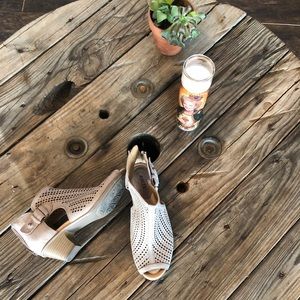 Earth nubuck perforated peep toe booties